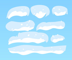 Set of cartoon icy snow caps and icicles in winter theme. Frozen snowy elements. Design Illustration