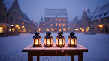 Four glowing lanterns on a wooden table in a snowy european city square at dusk with soft bokeh lights in the background Fourth Day of Advent