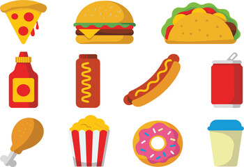 Large colorful vector fast food icon set: pizza, burger, taco, hot dog, soda, and condiments, perfect for menu design and restaurant graphics