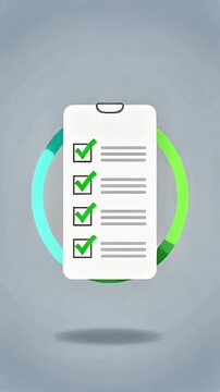 3D animation of a clipboard checklist being completed with green checkmarks, surrounded by a loading progress circle. Concept of task management and productivity