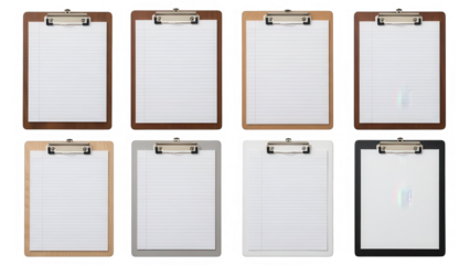 Eight clipboard mockup templates with blank paper isolated on transparent background