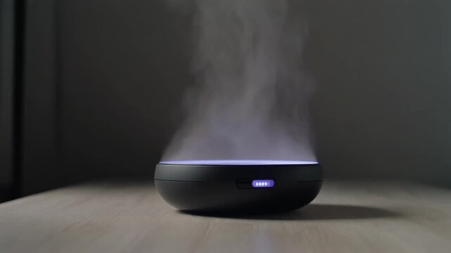 Modern ultrasonic essential oil diffuser emitting a calming purple-lit mist, enhancing home ambiance for aromatherapy, relaxation, and improved air quality in a serene indoor setting