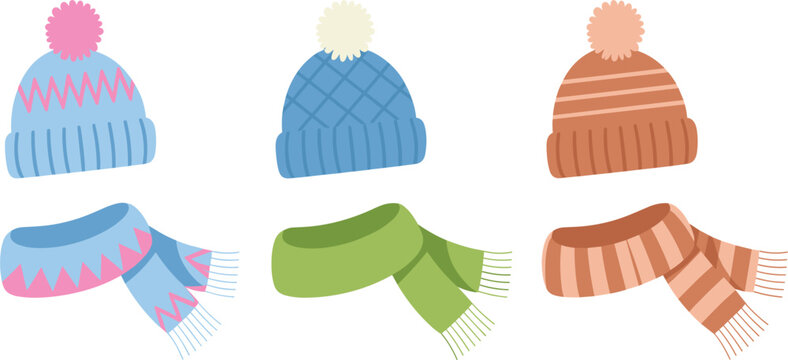 Cute vector set of colorful winter hats and scarves with pom-poms, symbolizing cold weather, winter season, cozy fashion, and holiday apparel design