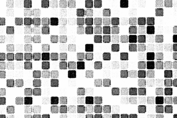 Macro halftone pattern of scattered pixel-like squares in varying tones. Black diagonal ink blocks on a transparent background PNG.