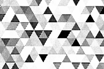 Macro halftone mosaic of shaded triangles in varying tones, black printed geometric pattern isolated on transparent background.
