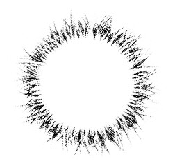 Macro halftone ring of spiky grass-like strokes forming a circular burst frame. Black printed dots and lines on a transparent background PNG.