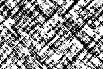 Macro halftone of dense diagonal glitchlike grid blocks and streaks, black printed pattern isolated on a transparent background.