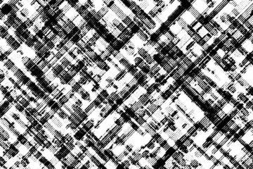 Macro halftone of dense diagonal glitchlike grid blocks and streaks, black printed pattern isolated on a transparent background.