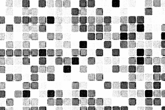 Macro halftone pattern of scattered pixel-like squares in varying tones. Black diagonal ink blocks on a transparent background PNG. - Powered by Adobe
