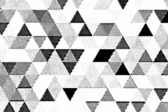 Macro halftone mosaic of shaded triangles in varying tones, black printed geometric pattern isolated on transparent background.