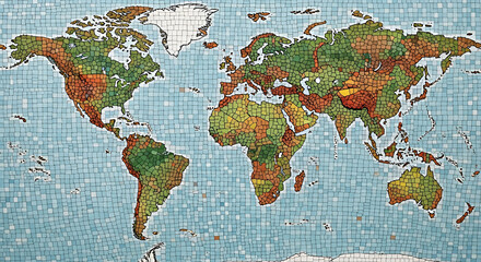 A grunge world map illustration showing the globe in a harlequin mosaic of circles, perfect for a global travel or business vector design