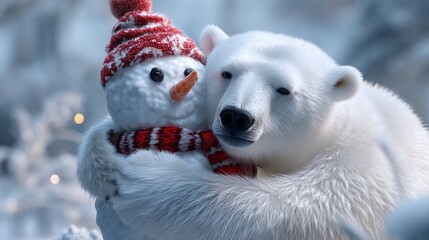 Cute polar bear hugging snowman wearing red christmas knitted hat and scarf