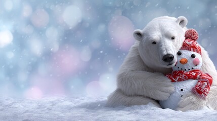 Warm polar bear hugging smiling snowman in cozy christmas winter snow close-up