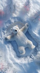 Cute polar bear making snow angel in white winter forest aerial view