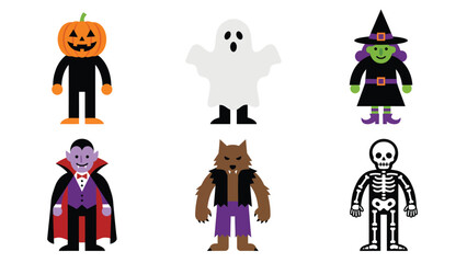 Fototapeta premium Cute Halloween Characters Set Pumpkin Ghost Witch Vampire Werewolf Skeleton Vector Icons