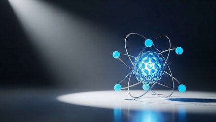 Glowing blue atom model with electrons orbiting the nucleus, spotlighted on a reflective surface