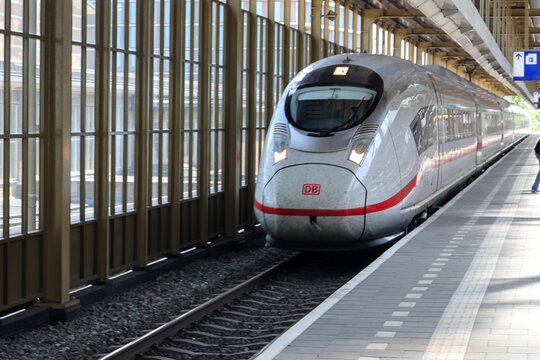 DB international ICE  train along platform at Amsterdam Amstel station