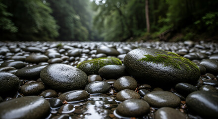 Zen stack of balanced gray pebbles and stones in water for spa and tranquil meditation