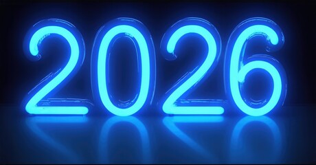Bright neon digits display year 2026. Reflective surface creates glowing effect. Futuristic, simple design. Dark background enhances luminosity.