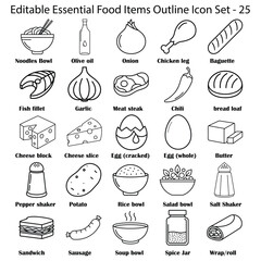 Essential Food Outline Icon Set - Editable Vector Line Art Collection for Grocery, Cooking & Restaurant Menu Design