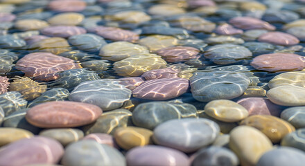 Colorful smooth river pebbles in a close-up background pattern