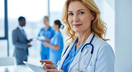 Confident Female Doctor Leads Healthcare Team with Digital Tablet in Modern Medical Office, Symbolizing Innovation and Advanced Patient Care
