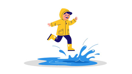 Obraz premium Child in yellow raincoat jumping in a puddle