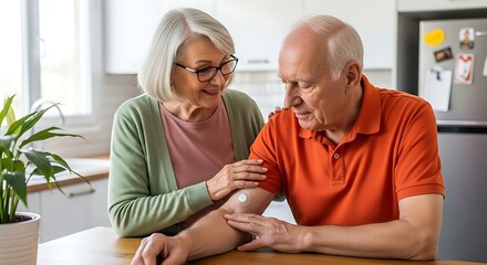 Caring senior woman gently applying soothing cream to her elderly husband's arm in their bright home kitchen, showcasing a tender moment of daily elder health support and partnership