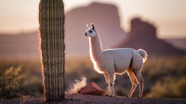 Llama standing beside cactus in desert landscape during sunset   - Powered by Adobe