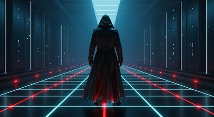 Cyberpunk figure in dark trench coat standing on glowing neon grid floor inside futuristic server room or digital corridor