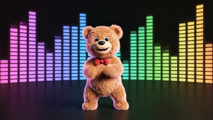 Plush toy teddy bear wearing a red bow tie standing ready to party against a background of colorful 3d rendered music volume equalizers