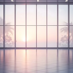 Sunlit indoor space with glass windows, tropical silhouettes, and pastel sky&mdash;blending tranquility, nature, and architectural elegance.