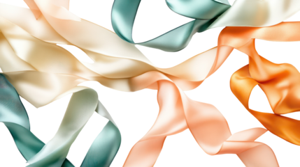 Luxury silk ribbon flat lay arranged in soft curves isolated on transparent background