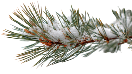 Macro view of pine branch with thick snow buildup isolated on transparent background