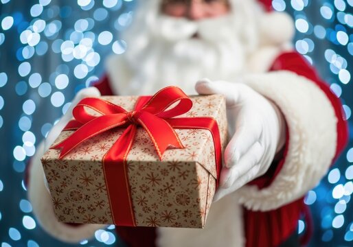 Santa claus wearing his traditional red suit and white gloves, holding a beautifully wrapped gift box with a red ribbon in his outstretched hands against a blurred background of blue bokeh lights - Powered by Adobe