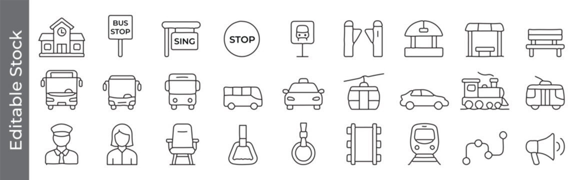 Public transport and bus stop line icon set &ndash; editable outline symbols of bus, stop sign, station, tram, train, taxi and driver