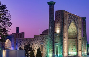 Registan Square Madrasas Illuminated at Twilight in Samarkand - Uzbekistan
