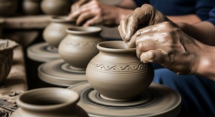 Artisan shapes earthenware pot on potter's wheel with mastery and passion
