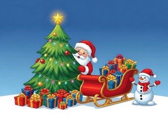 Charming cartoon illustration of santa claus with his sleigh full of gifts, a decorated christmas tree, and a friendly snowman under a clear blue winter sky
