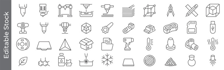3D printing and engineering line icon set &ndash; editable outline symbols of printer, nozzle, filament, gear, cube and design tools