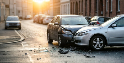 car crash at city street intersection. accident on the road. banner with copy space