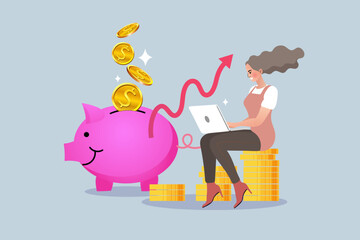 Woman working on laptop sitting on coin stack next to pink piggy bank with rising arrow. Concept of online passive income, saving money, financial investment growth, and smart budget planning.