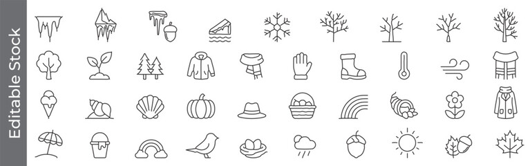 Seasonal, ice melting, weather and nature line icon set &ndash; editable outline symbols of snow, tree, ice, sun, cloud, leaf, pumpkin and rainbow