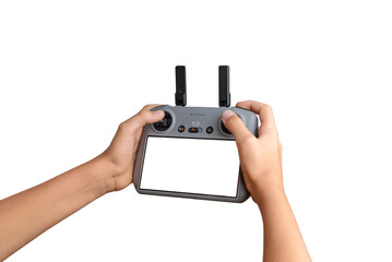 Hands holding a drone controller with empty screen, ideal for UI mockups, drone software previews, and technology product demonstrations