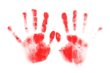 Red handprints made with paint on white background — creative imprint, warning symbol, abstract mark, artistic texture
