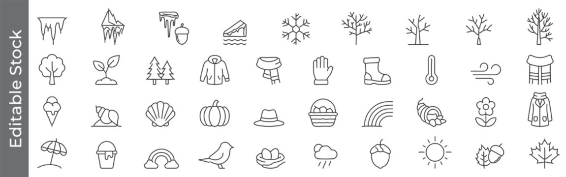 Seasonal, ice melting, weather and nature line icon set &ndash; editable outline symbols of snow, tree, ice, sun, cloud, leaf, pumpkin and rainbow