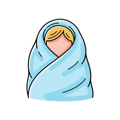 Person wrapped in blue blanket looking cozy and warm  