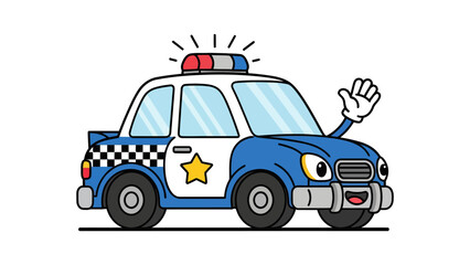 A cartoon police car waves hello with a siren and star