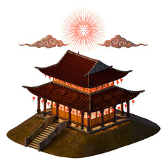 Chinese New Year Traditional 2 Stories Building Isometric View
