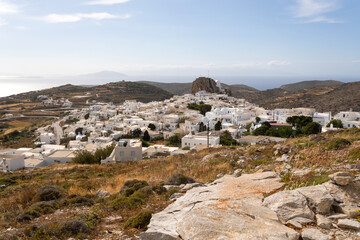 Aerial view of Chora village, mountains and coast of Amorgos island, Greece,
